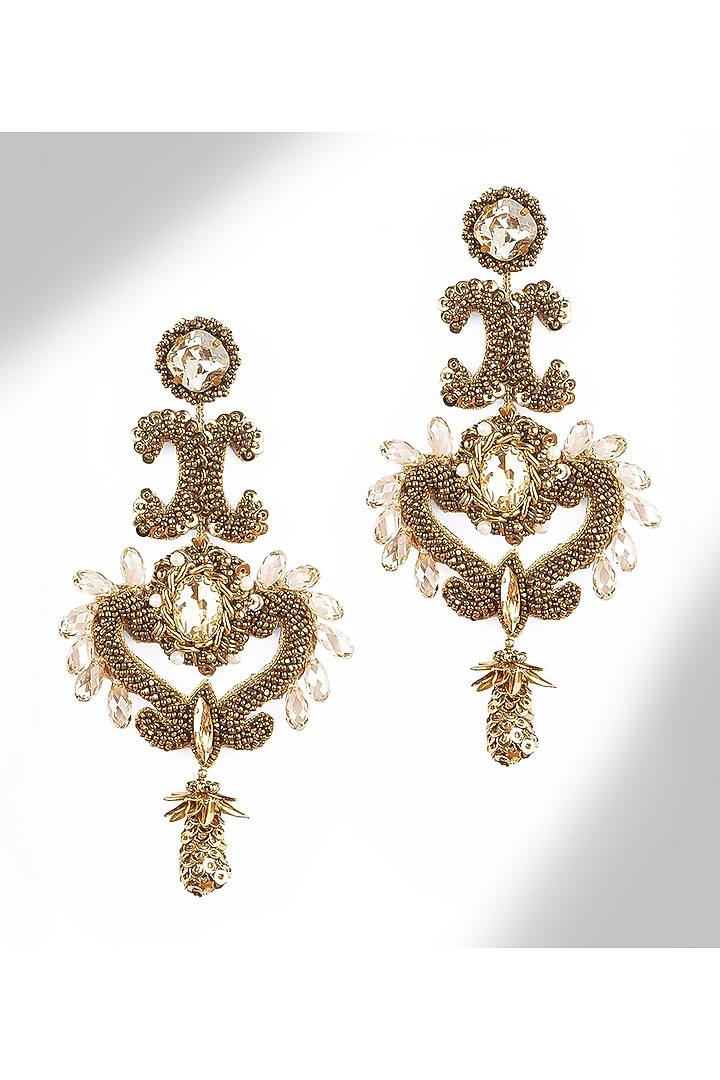 Gold Finish Glass Beaded & Stone Malika Dangler Earrings by Deepa Gurnani at Pernia's Pop Up Shop