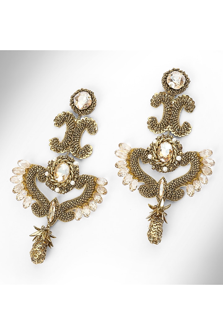 Gold Finish Glass Beaded & Stone Malika Dangler Earrings by Deepa Gurnani at Pernia's Pop Up Shop