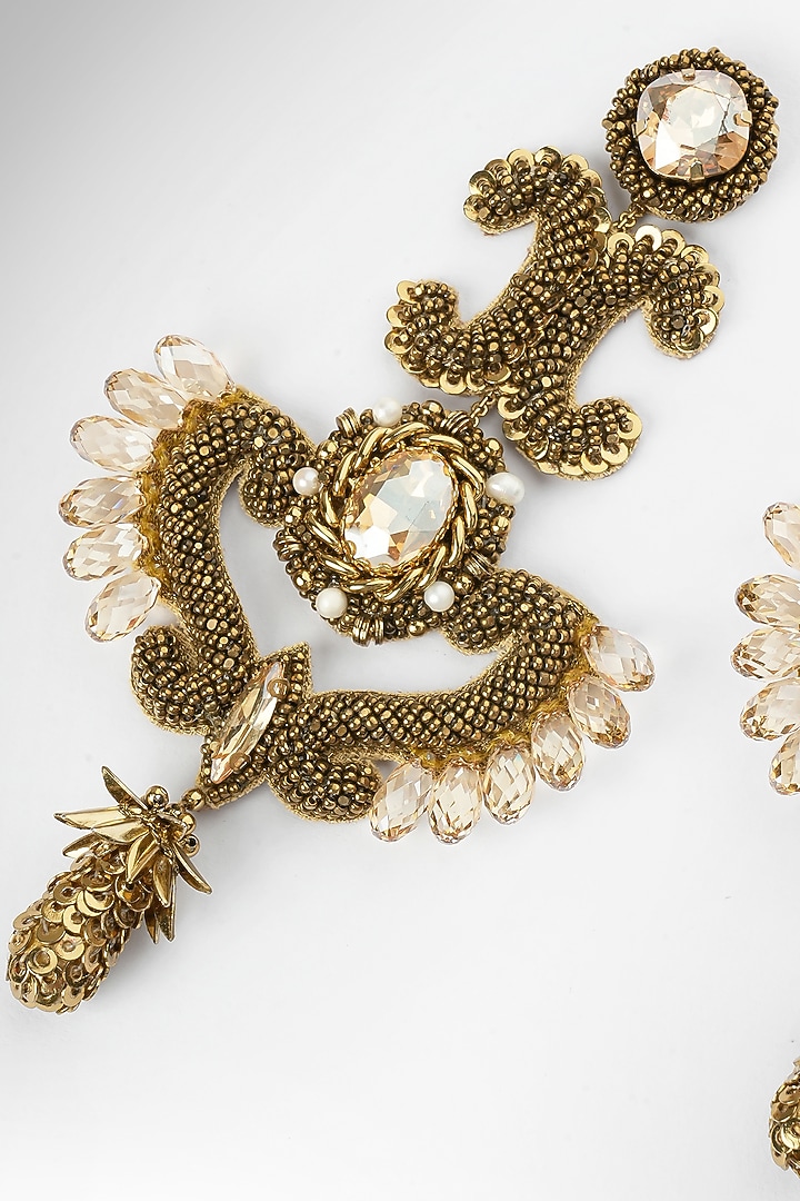 Gold Finish Glass Beaded & Stone Malika Dangler Earrings by Deepa Gurnani at Pernia's Pop Up Shop