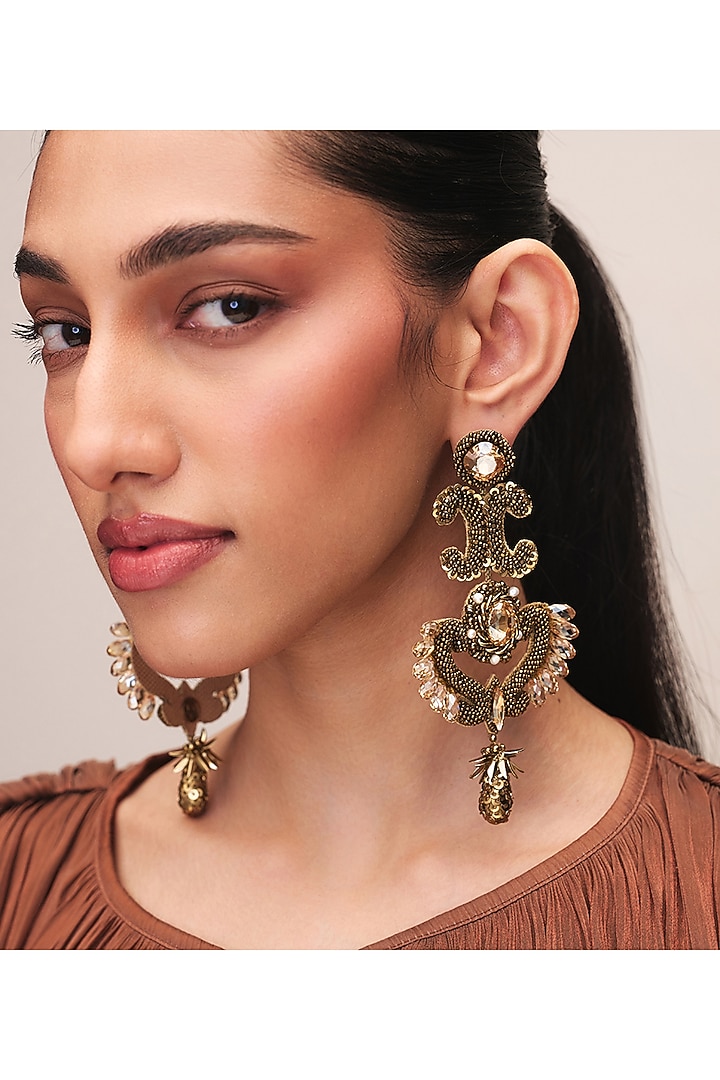 Gold Finish Glass Beaded & Stone Malika Dangler Earrings by Deepa Gurnani at Pernia's Pop Up Shop