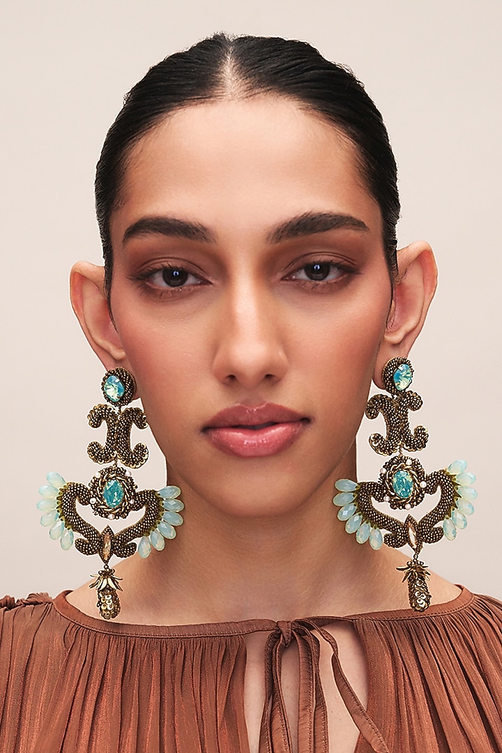 Gold Finish Glass Beaded & Turquoise Stone Malika Dangler Earrings by Deepa Gurnani at Pernia's Pop Up Shop