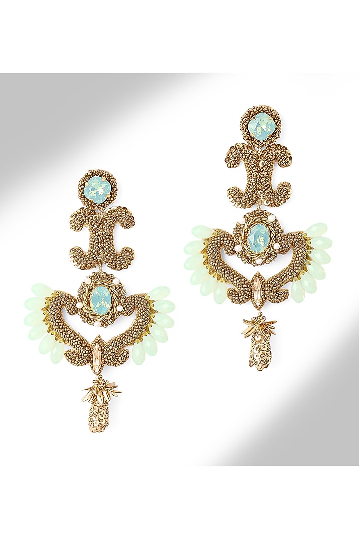 Gold Finish Glass Beaded & Turquoise Stone Malika Dangler Earrings by Deepa Gurnani at Pernia's Pop Up Shop