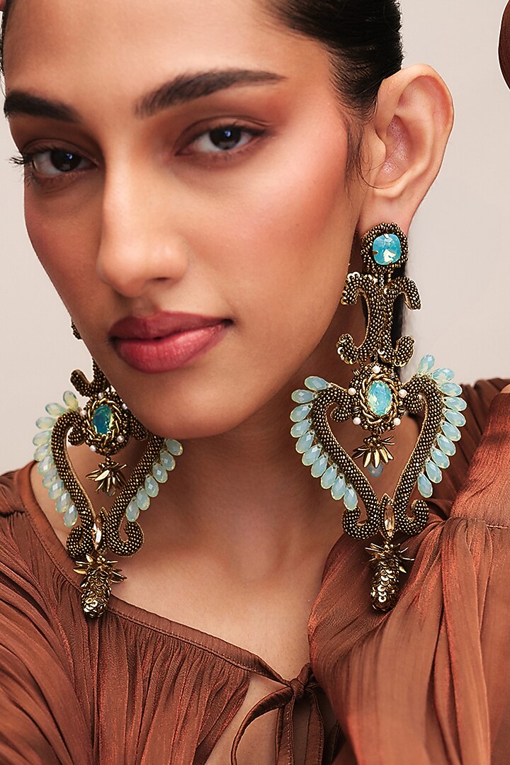 Gold Finish Glass Beaded & Turquoise Stone Malika Dangler Earrings by Deepa Gurnani at Pernia's Pop Up Shop