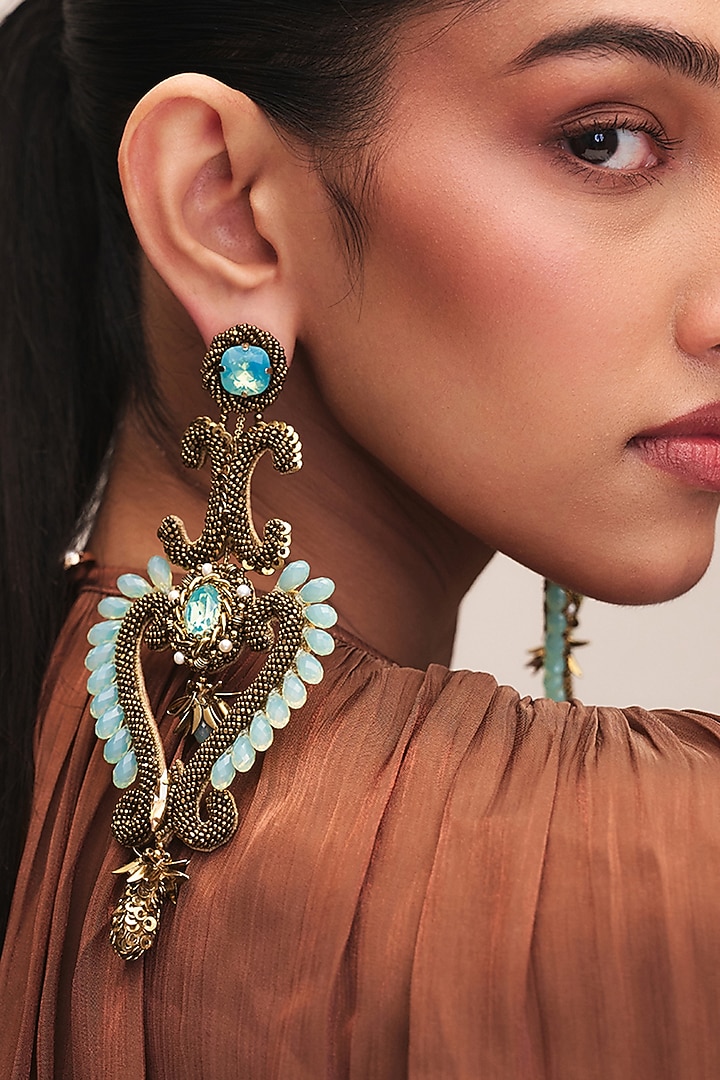 Gold Finish Glass Beaded & Turquoise Stone Malika Dangler Earrings by Deepa Gurnani at Pernia's Pop Up Shop