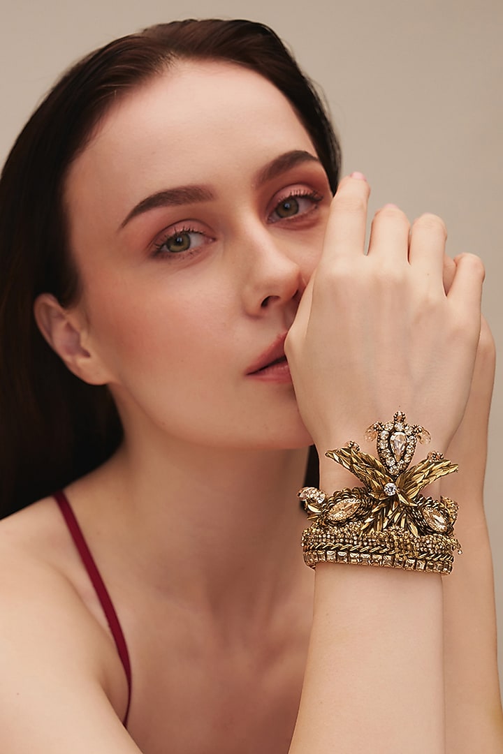Gold Finish Glass Beaded Sapna Bracelet by Deepa Gurnani at Pernia's Pop Up Shop