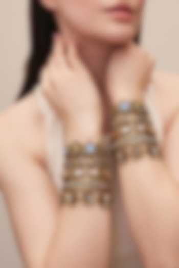 Gold Finish Turquoise Glass Beaded Gaja Bracelet by Deepa Gurnani at Pernia's Pop Up Shop