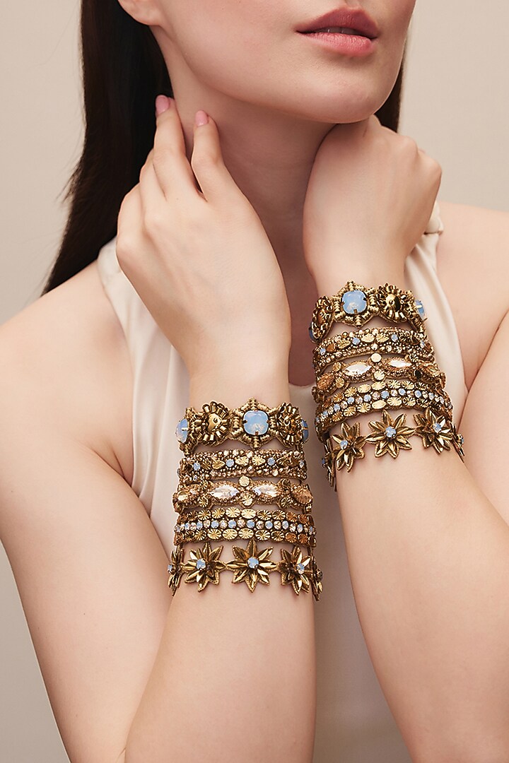 Gold Finish Turquoise Glass Beaded Gaja Bracelet by Deepa Gurnani at Pernia's Pop Up Shop