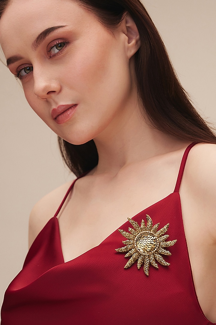 Gold Finish Glass Beaded Sooraj Brooch by Deepa Gurnani at Pernia's Pop Up Shop