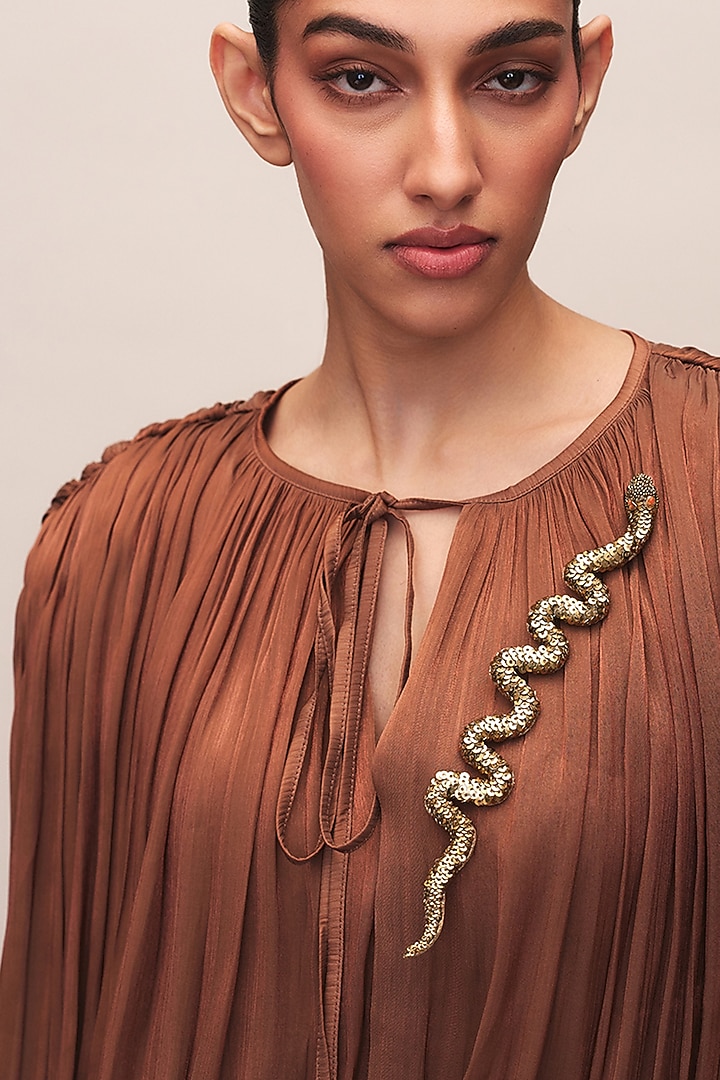 Gold Finish Glass Beaded Nagini Brooch by Deepa Gurnani at Pernia's Pop Up Shop