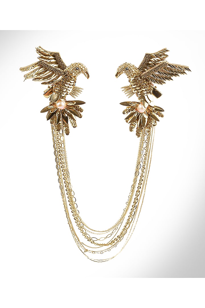 Gold Finish Glass Beaded & Mother Of Pearl Vayu Brooch by Deepa Gurnani at Pernia's Pop Up Shop