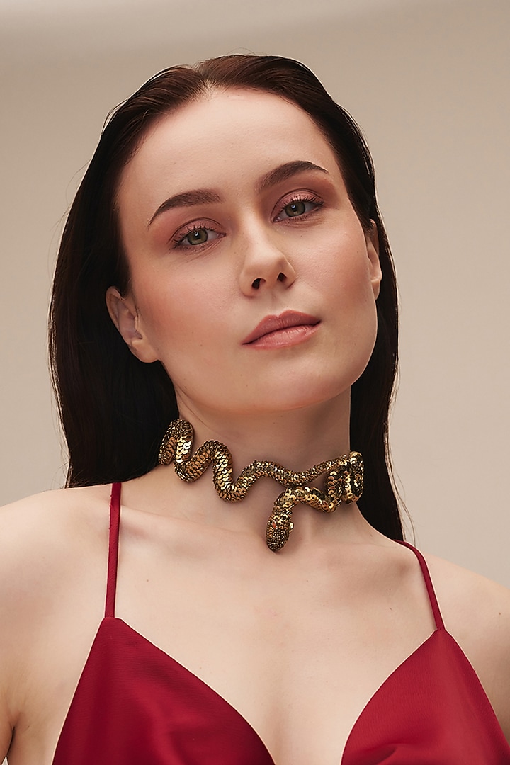 Gold Finish Glass Beaded Nagini Brooch by Deepa Gurnani at Pernia's Pop Up Shop