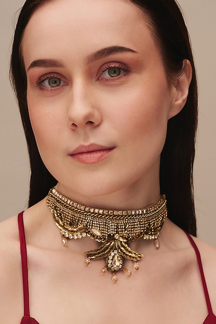 Gold Finish Glass Beaded Sapna Necklace by Deepa Gurnani at Pernia's Pop Up Shop