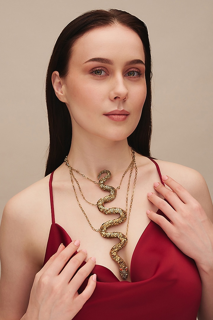Gold Finish Glass Beaded Medusa Necklace by Deepa Gurnani at Pernia's Pop Up Shop