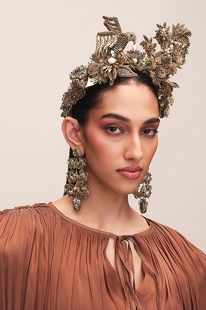 Gold Finish Glass Beaded & Mother Of Pearl Junaina Headband by Deepa Gurnani at Pernia's Pop Up Shop