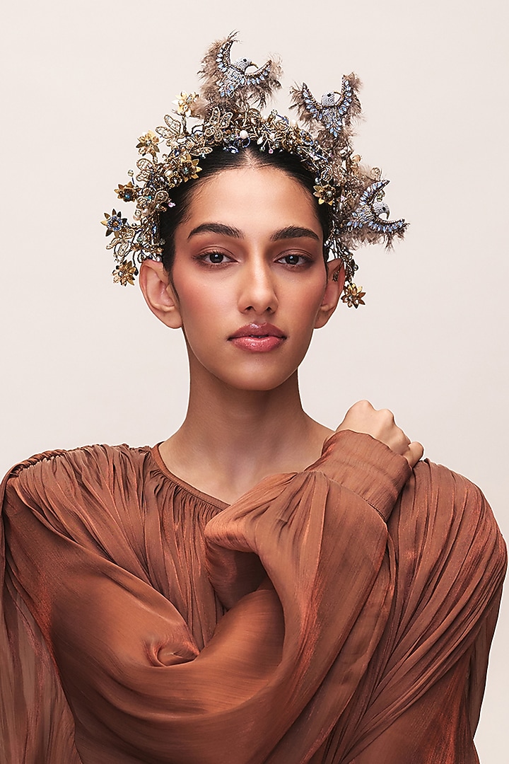 Gold Finish Glass Beaded & Mother Of Pearl Juana Headband by Deepa Gurnani at Pernia's Pop Up Shop