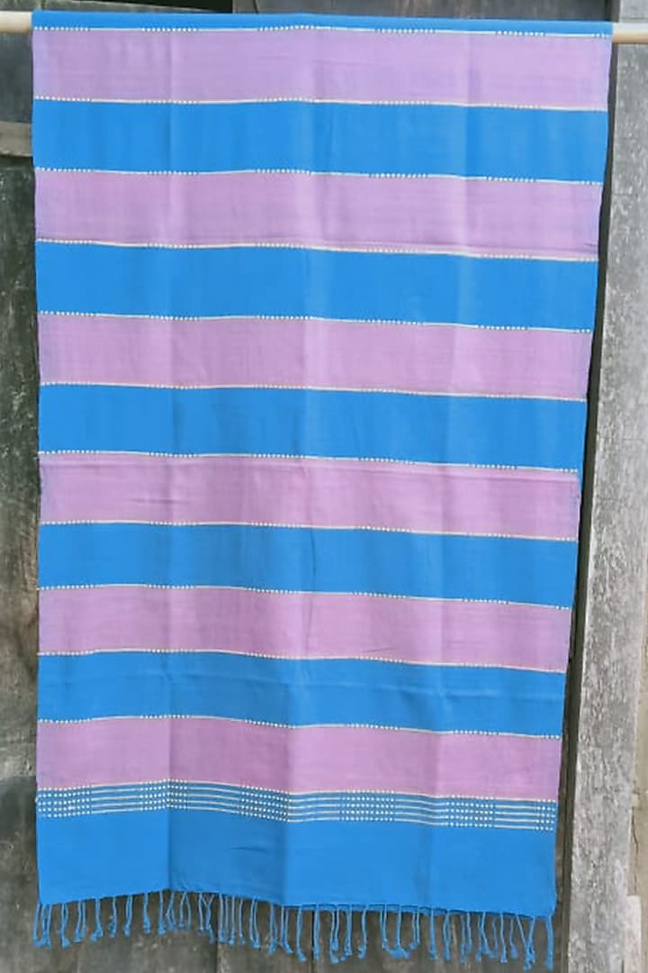 Blue & Pink Striped Handwoven Stole by Dipika Kakati