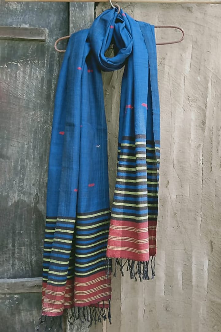 Blue & Yellow Striped Handwoven Stole by Dipika Kakati at Pernia's Pop Up Shop