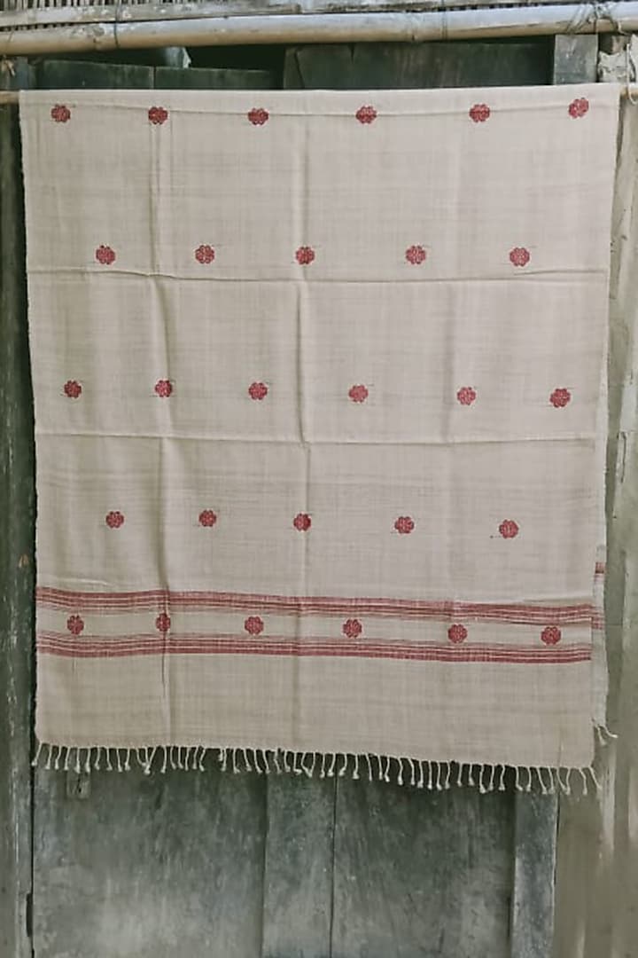 Beige & Red Floral Handwoven Shawl by Dipika Kakati
