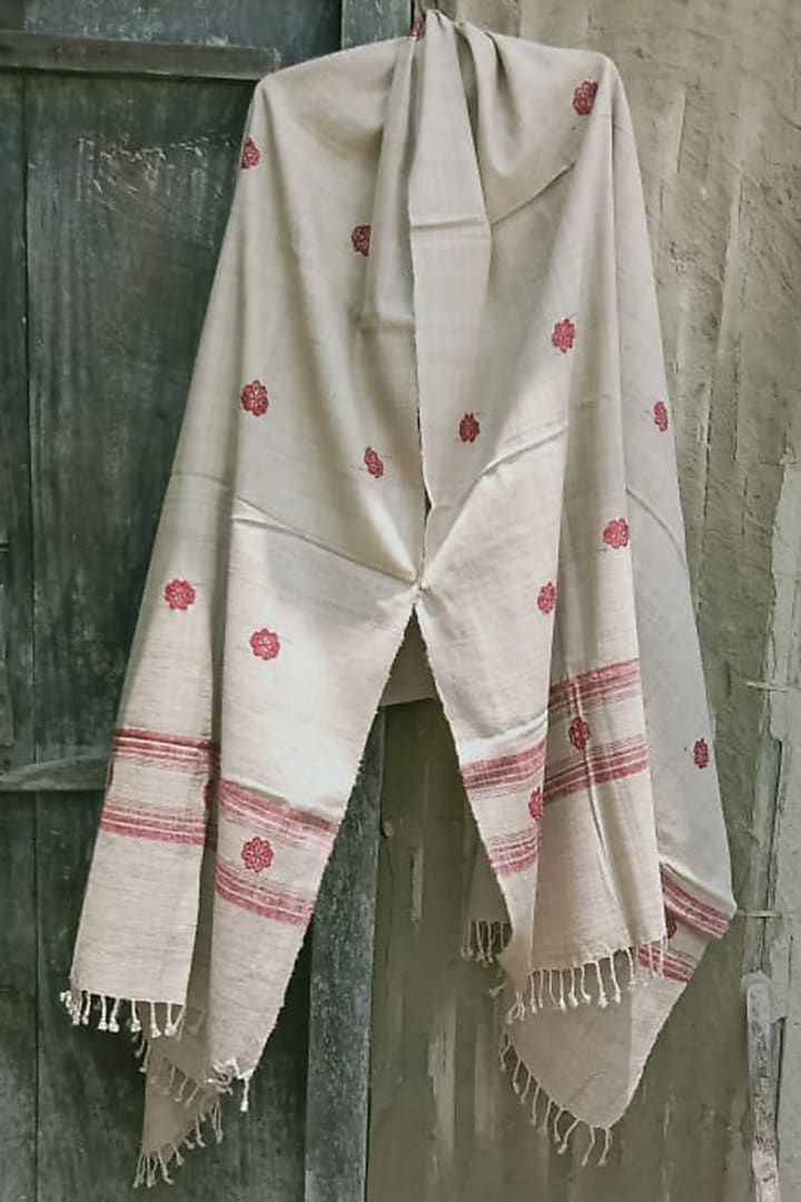 Beige & Red Floral Handwoven Shawl by Dipika Kakati at Pernia's Pop Up Shop