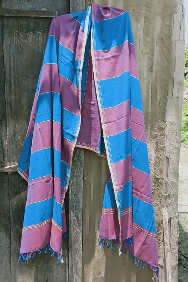 Blue & Pink Striped Handwoven Dupatta by Dipika Kakati at Pernia's Pop Up Shop