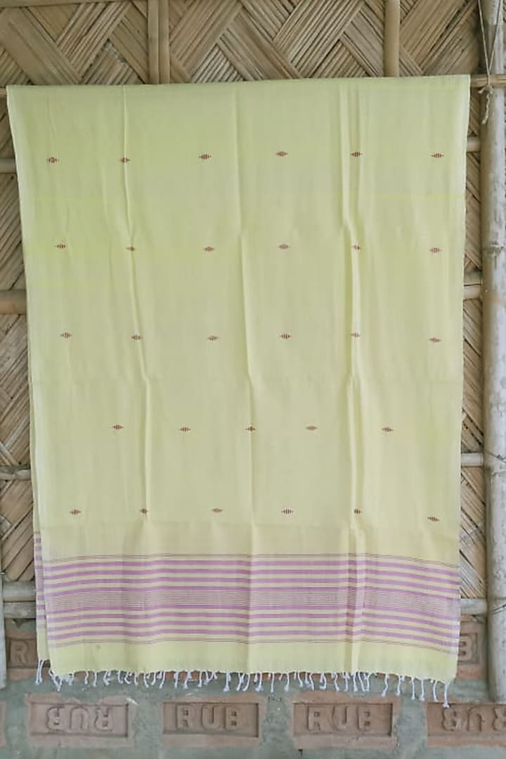 Lemon Yellow & Pink Striped Handwoven Dupatta by Dipika Kakati
