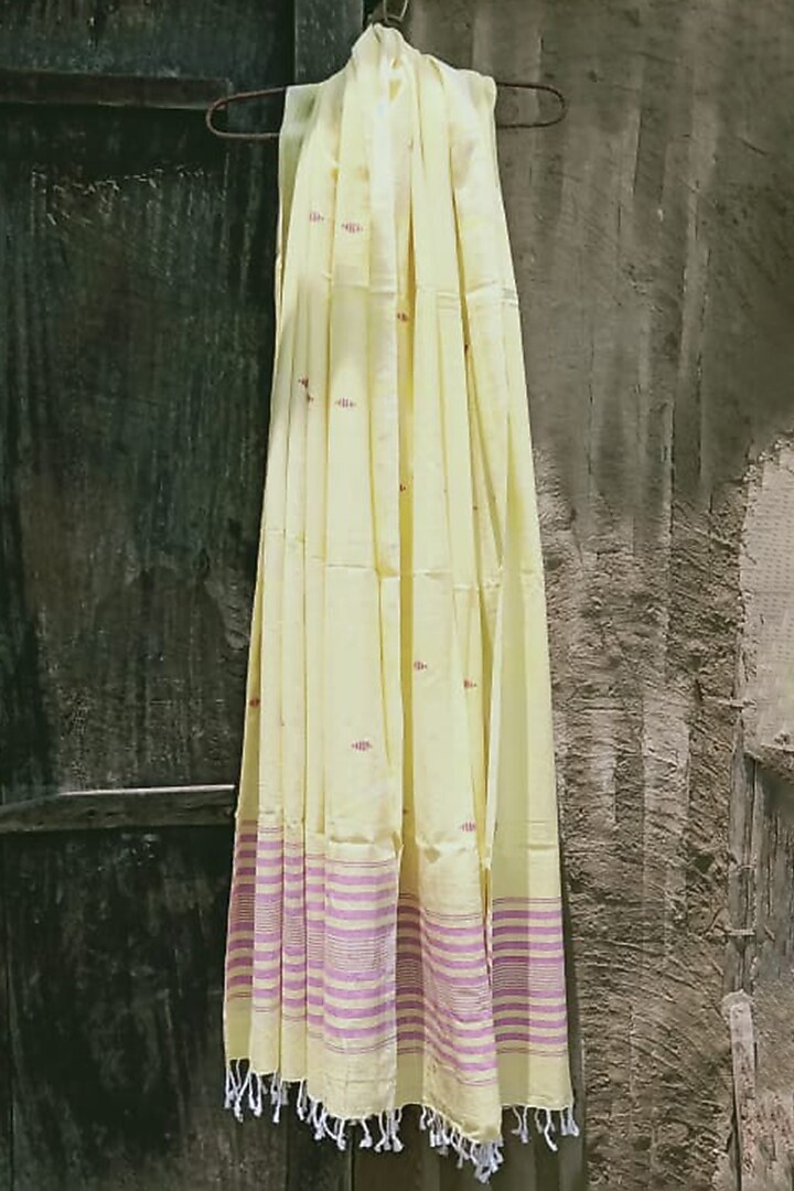 Lemon Yellow & Pink Striped Handwoven Dupatta by Dipika Kakati at Pernia's Pop Up Shop