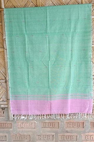 Lemon Green & Pink Striped Handwoven Dupatta by Dipika Kakati