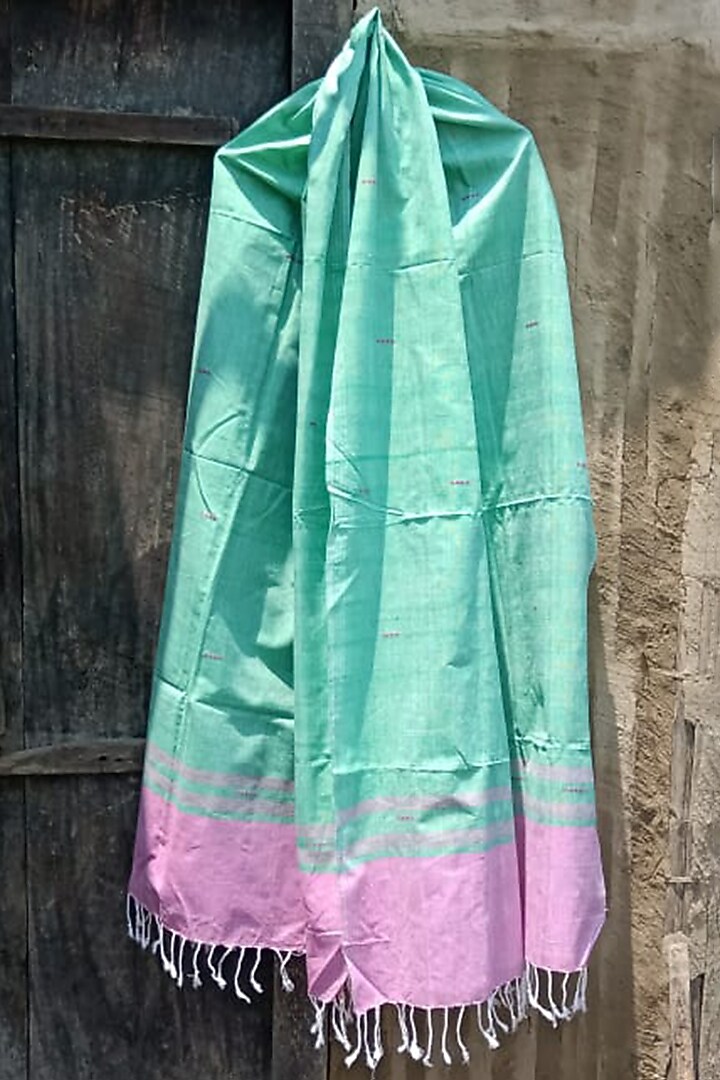 Lemon Green & Pink Striped Handwoven Dupatta by Dipika Kakati at Pernia's Pop Up Shop