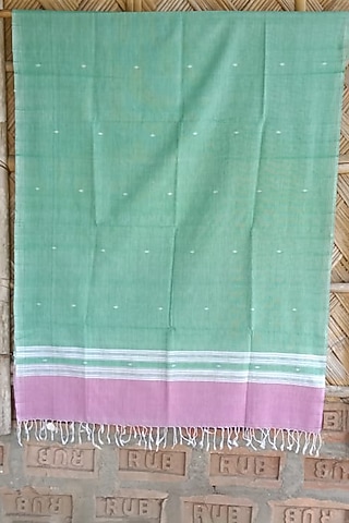Green & Pink Striped Handwoven Dupatta by Dipika Kakati
