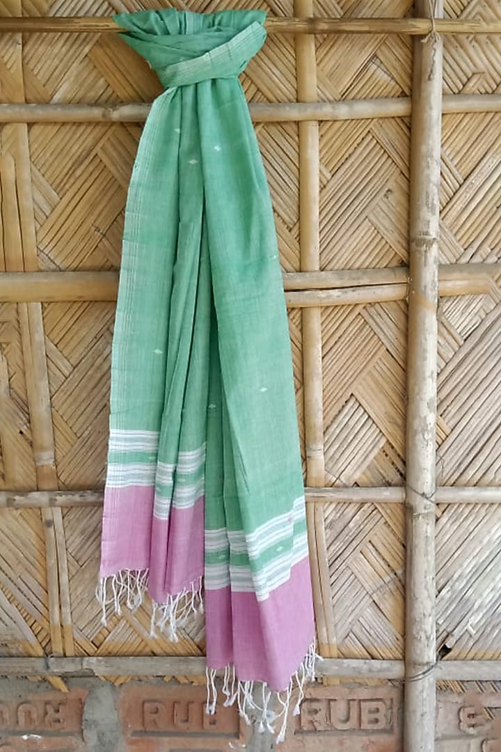 Green & Pink Striped Handwoven Dupatta by Dipika Kakati at Pernia's Pop Up Shop