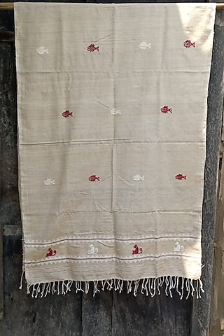 Beige Natural Dyed Eri Silk Handwoven Stole by Dipika Kakati
