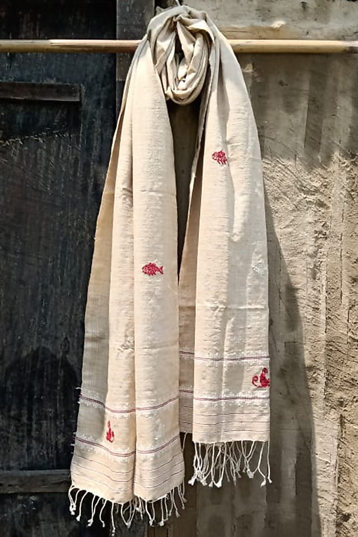 Beige Natural Dyed Eri Silk Handwoven Stole by Dipika Kakati at Pernia's Pop Up Shop