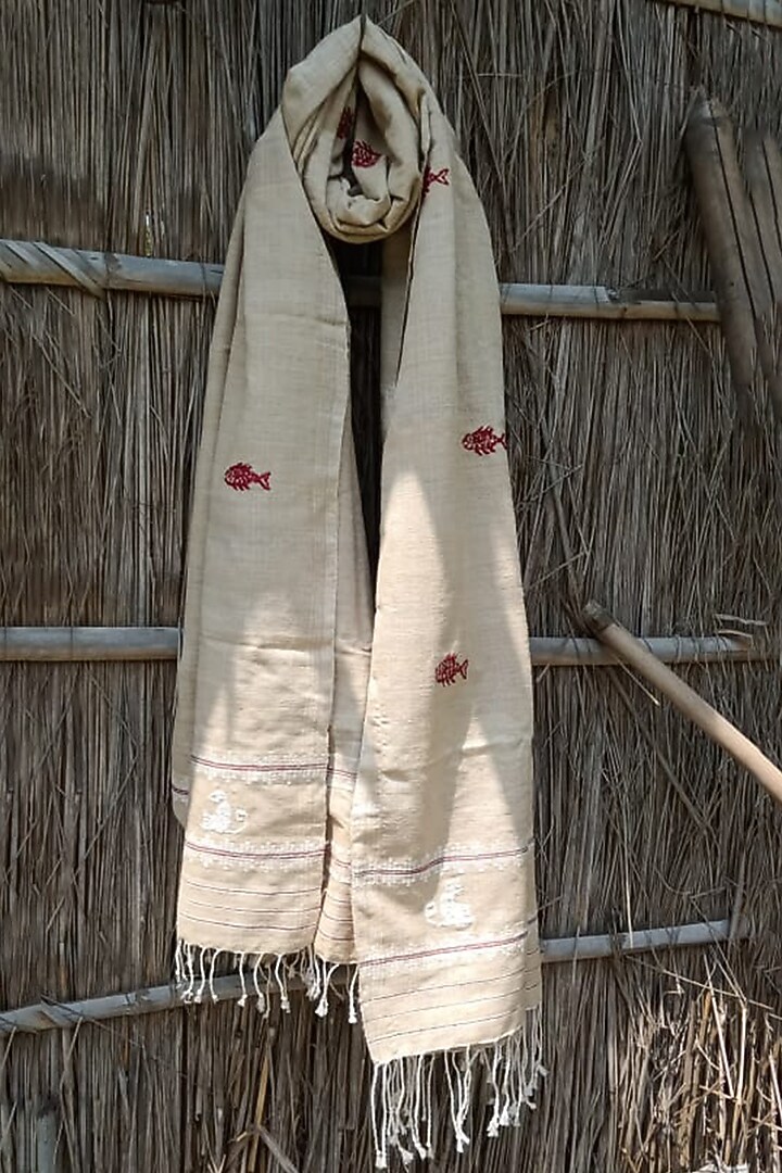 Beige Natural Dyed Eri Silk Handwoven Stole by Dipika Kakati at Pernia's Pop Up Shop
