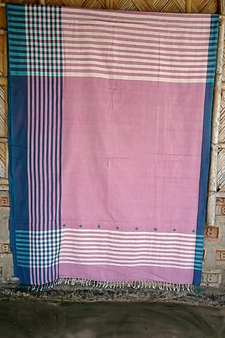 Pink & White Striped Handwoven Saree by Dipika Kakati