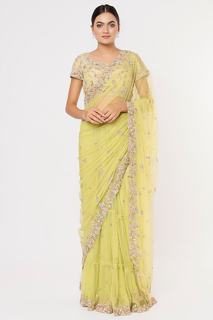 Lime Green Embroidered Lehenga Saree Set by Deepali Shah at Pernia's Pop Up Shop