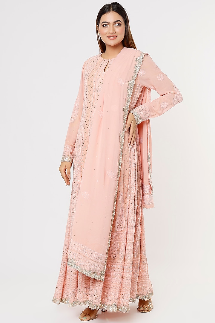 Pink Hand Embroidered Anarkali Set by Deepali Shah