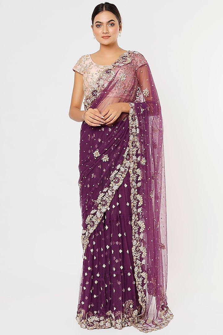 Purple Embroidered Lehenga Saree Set by Deepali Shah