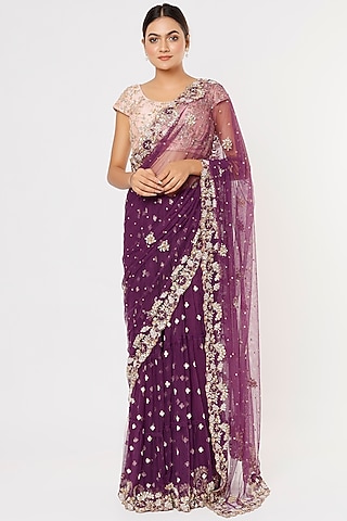 Purple Embroidered Lehenga Saree Set by Deepali Shah