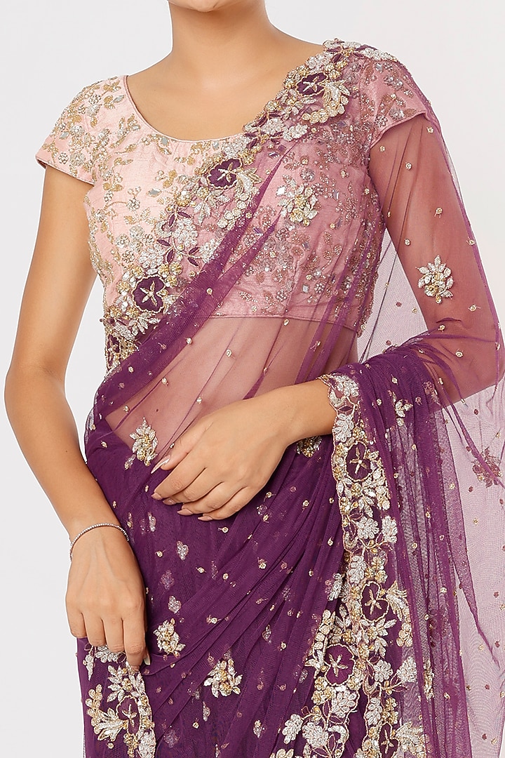 Purple Embroidered Wedding Lehenga Saree Set by Deepali Shah at Pernia's Pop Up Shop