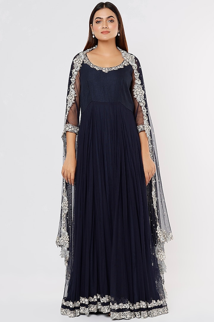 Navy Blue Embroidered Anarkali Set by Deepali Shah at Pernia's Pop Up Shop