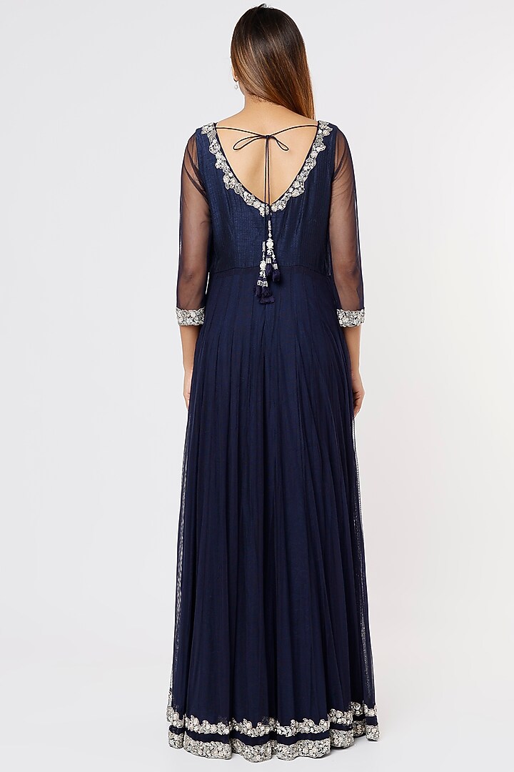 Navy Blue Embroidered Wedding Anarkali Set by Deepali Shah at Pernia's Pop Up Shop