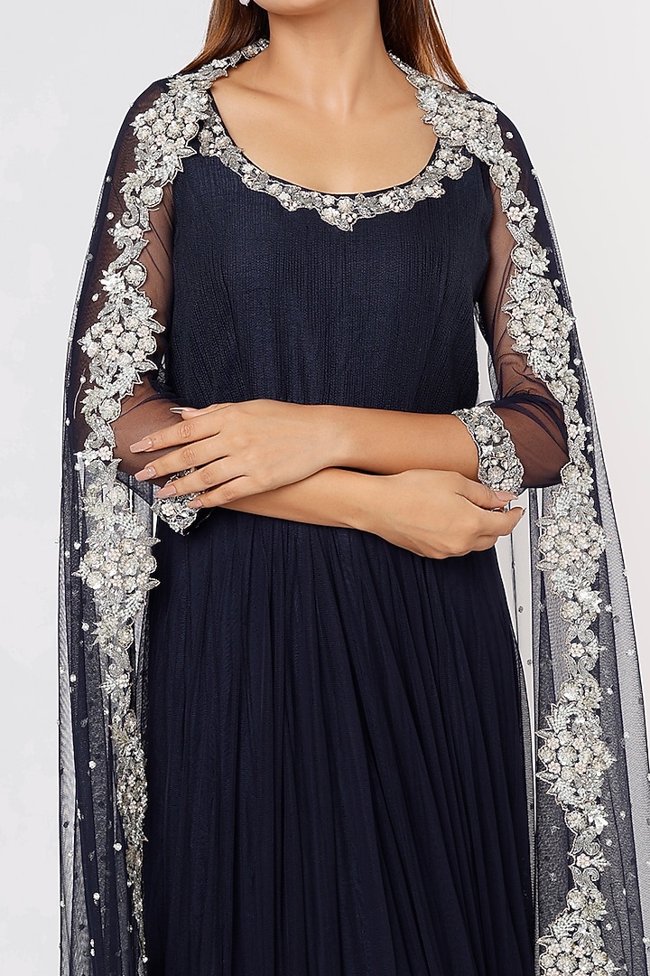 Navy Blue Embroidered Wedding Anarkali Set by Deepali Shah at Pernia's Pop Up Shop