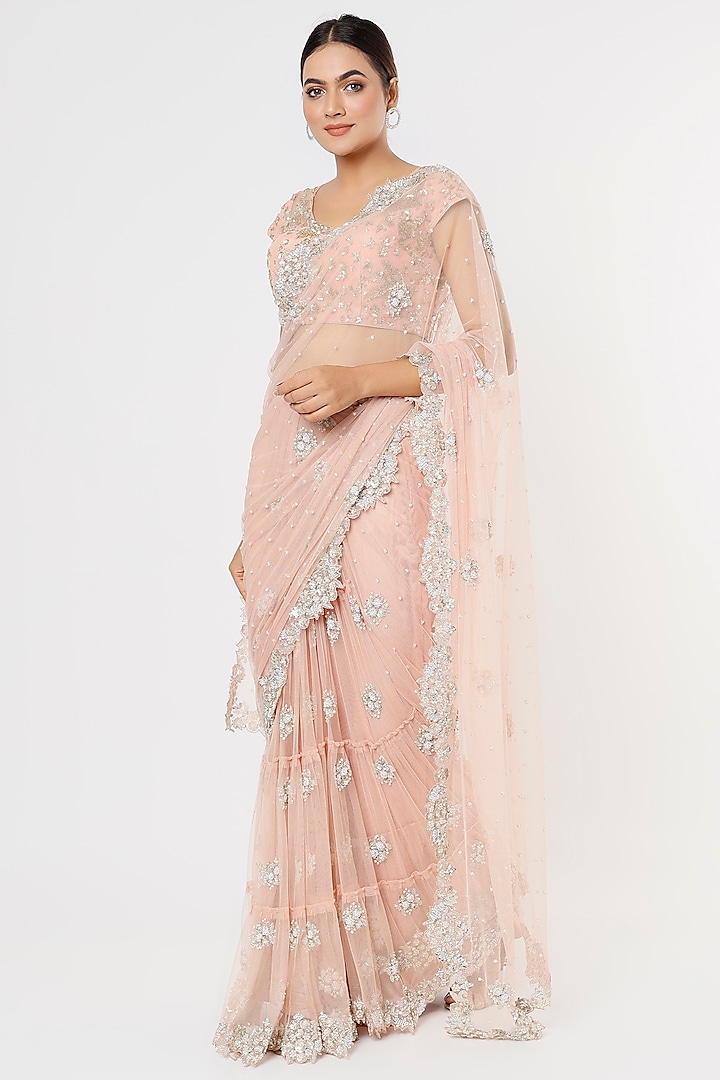 Pink Silver Embroidered Saree Set by Deepali Shah