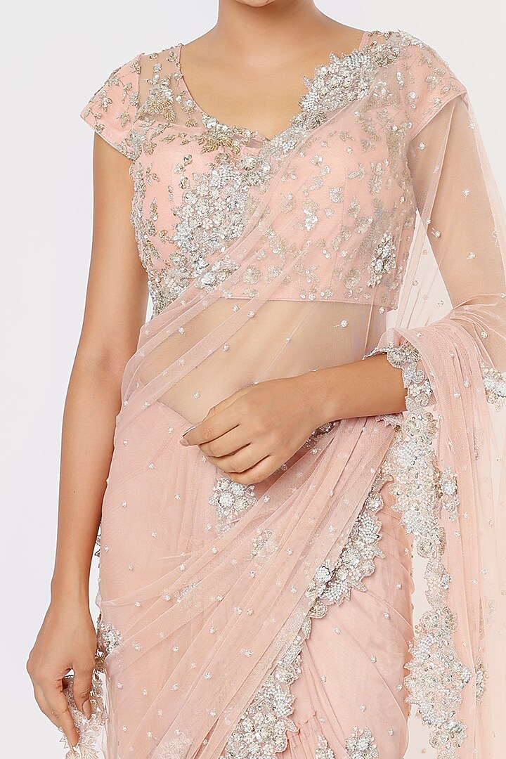 Pink Silver Embroidered Wedding Saree Set by Deepali Shah at Pernia's Pop Up Shop