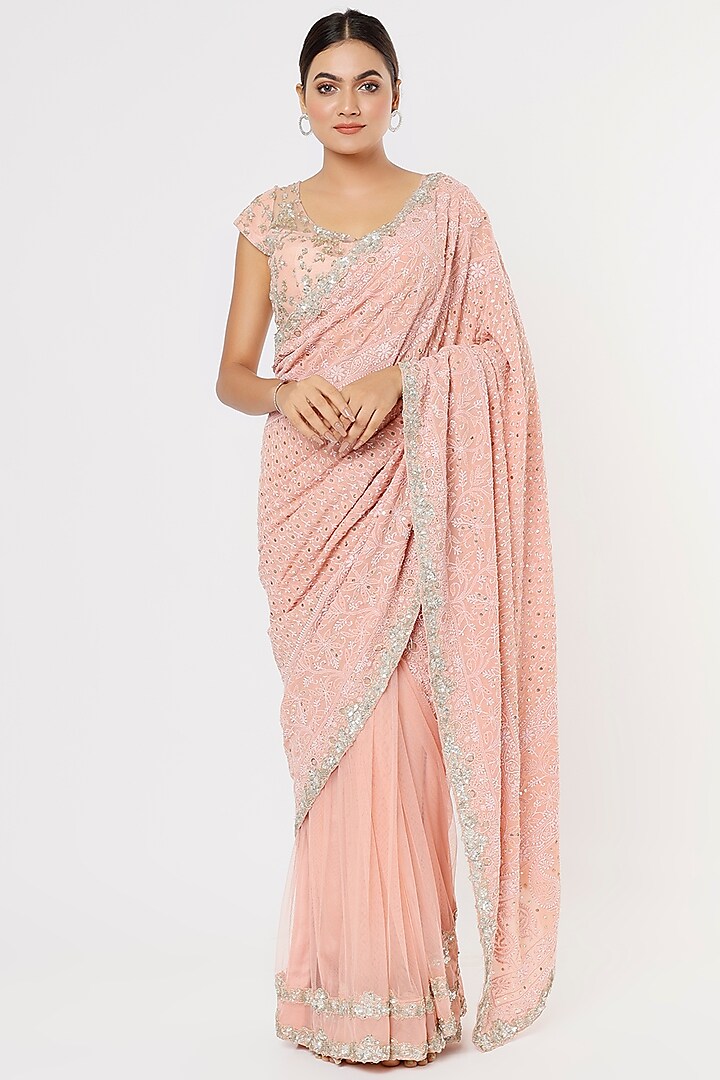 Blush Pink Chikankari Embroidered Saree Set by Deepali Shah