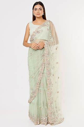 Ice Blue Hand Embroidered Lehenga Saree Set by Deepali Shah