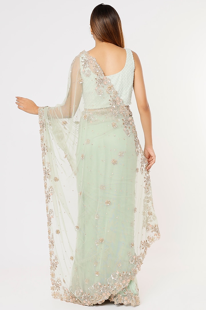 Ice Blue Hand Embroidered Wedding Lehenga Saree Set by Deepali Shah at Pernia's Pop Up Shop