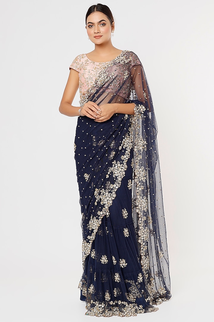 Navy Blue Hand Embroidered Frilled Lehenga Saree Set by Deepali Shah