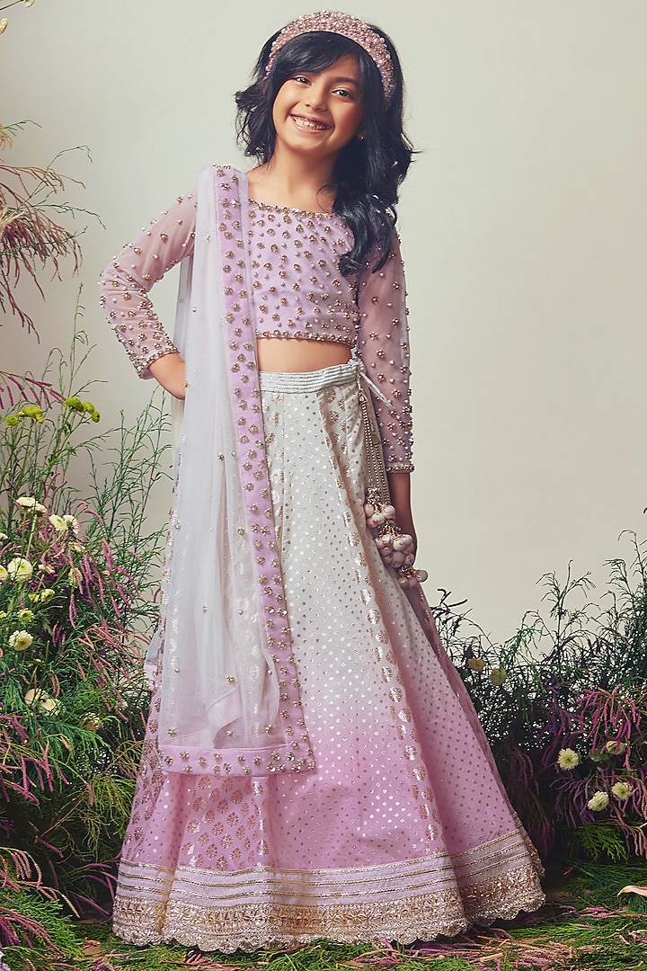 Ivory & Pink Chanderi Sequins Embroidered Ombre Lehenga Set For Girls by Daddys Princess by Priyanka Jain at Pernia's Pop Up Shop