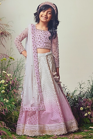 Ivory & Pink Chanderi Sequins Embroidered Ombre Lehenga Set For Girls by Daddys Princess by Priyanka Jain
